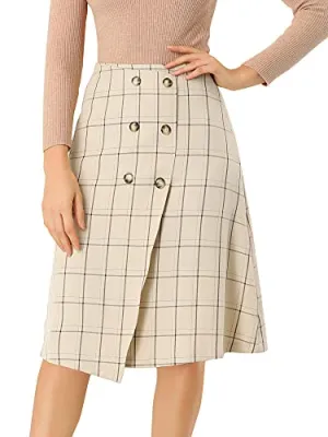 Allegra K Women's Plaid Vintage Faux Wrap Buttons Front Midi High Waist Skirt Medium Beige
