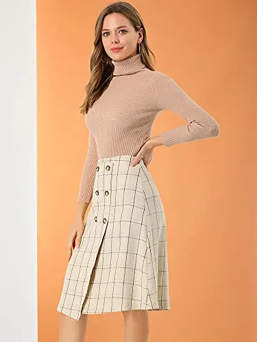 Allegra K Women's Plaid Vintage Faux Wrap Buttons Front Midi High Waist Skirt Medium Beige