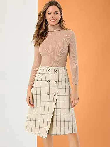 Allegra K Women's Plaid Vintage Faux Wrap Buttons Front Midi High Waist Skirt Medium Beige