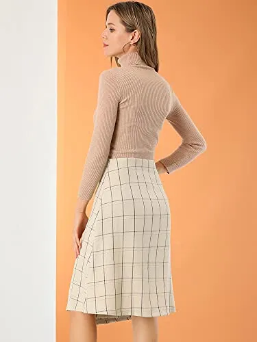 Allegra K Women's Plaid Vintage Faux Wrap Buttons Front Midi High Waist Skirt Medium Beige