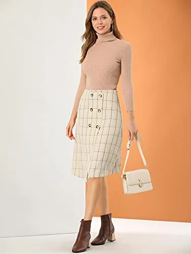 Allegra K Women's Plaid Vintage Faux Wrap Buttons Front Midi High Waist Skirt Medium Beige