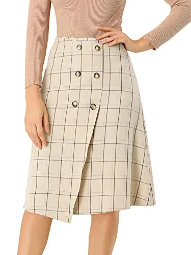 Allegra K Women's Plaid Vintage Faux Wrap Buttons Front Midi High Waist Skirt Medium Beige
