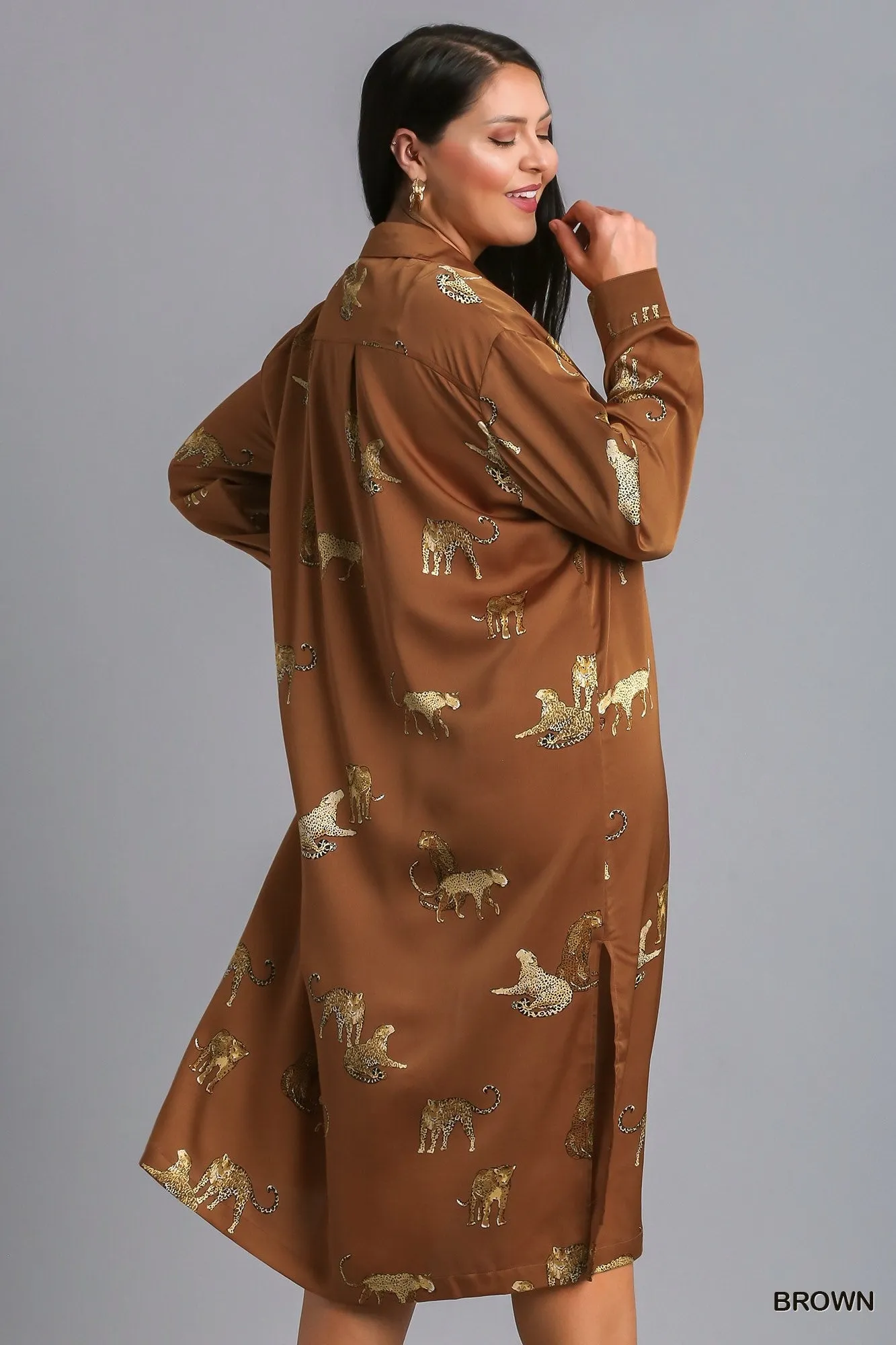 Animal Print Midi Shirt Dress in Cognac