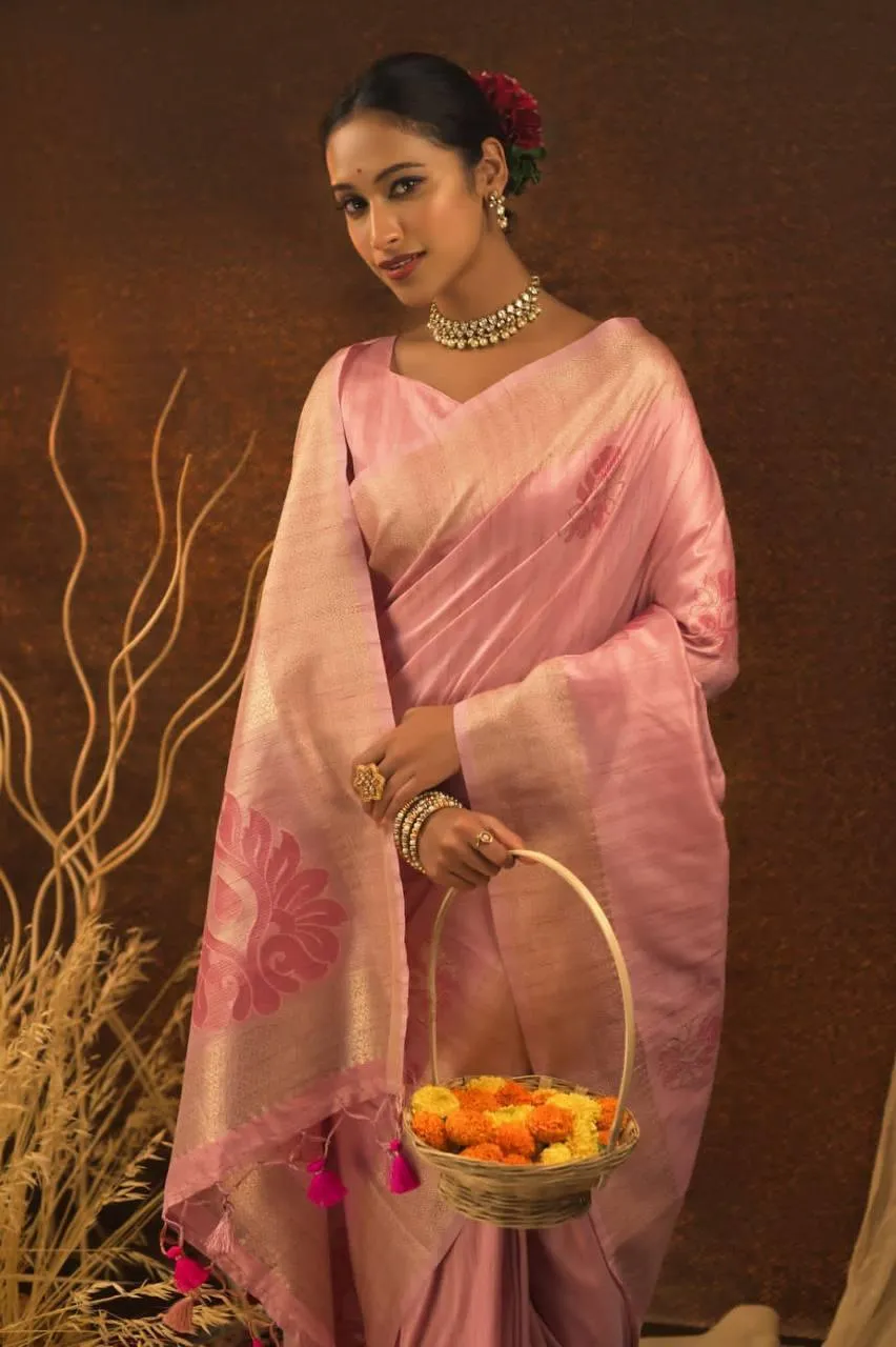 Baby Pink Ethnic Mulberry Silk  Saree