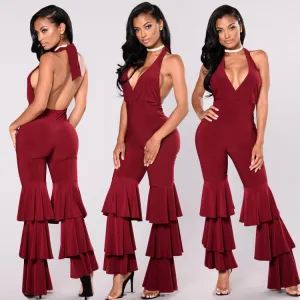 Backless Halter V-neck High Waist Long Wide-leg Jumpsuits
