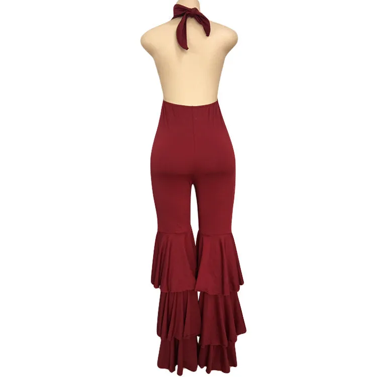 Backless Halter V-neck High Waist Long Wide-leg Jumpsuits
