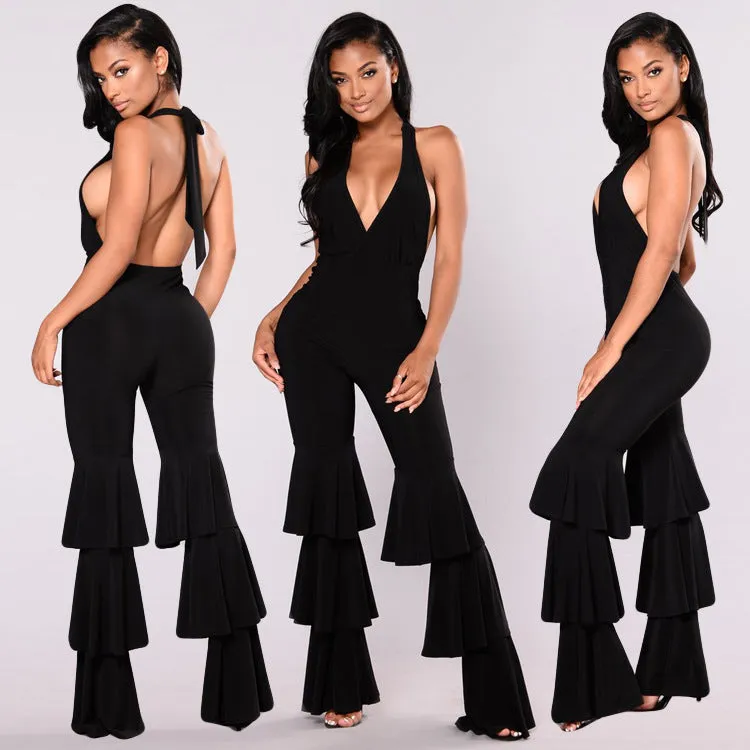 Backless Halter V-neck High Waist Long Wide-leg Jumpsuits