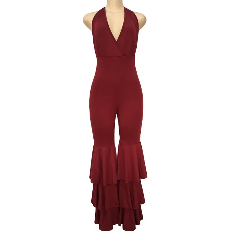 Backless Halter V-neck High Waist Long Wide-leg Jumpsuits