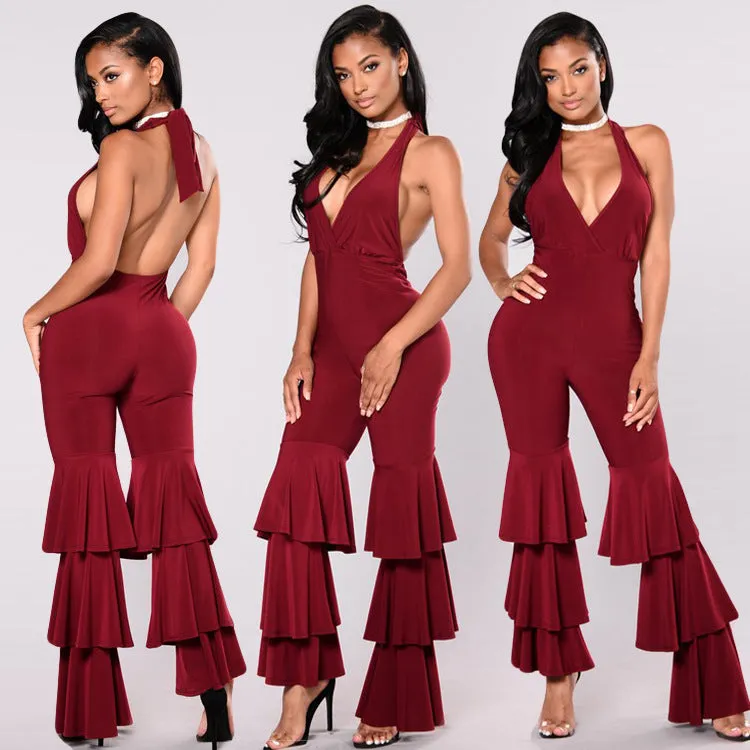 Backless Halter V-neck High Waist Long Wide-leg Jumpsuits
