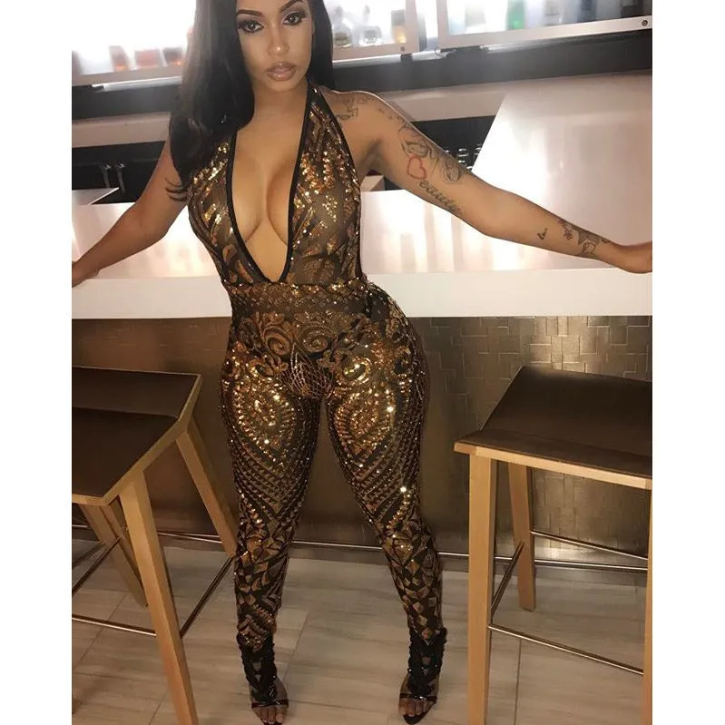 Backless Mesh Transparent Deep V-neck Halter Elastic Long Skinny Jumpsuits