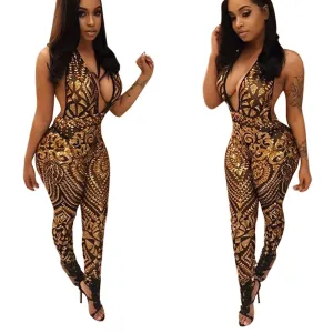 Backless Mesh Transparent Deep V-neck Halter Elastic Long Skinny Jumpsuits