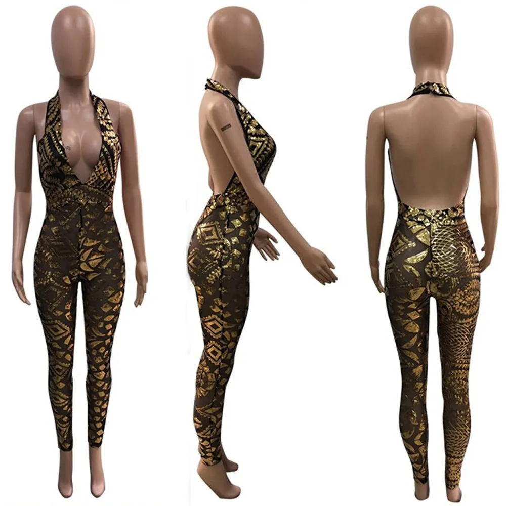 Backless Mesh Transparent Deep V-neck Halter Elastic Long Skinny Jumpsuits