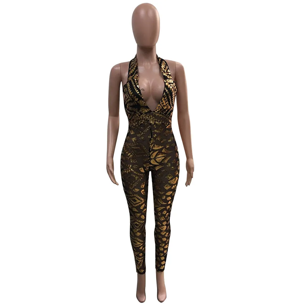 Backless Mesh Transparent Deep V-neck Halter Elastic Long Skinny Jumpsuits