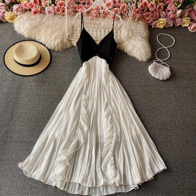 Backless Pleated Dress Spaghetti Straps Fairy Long Dress 1717