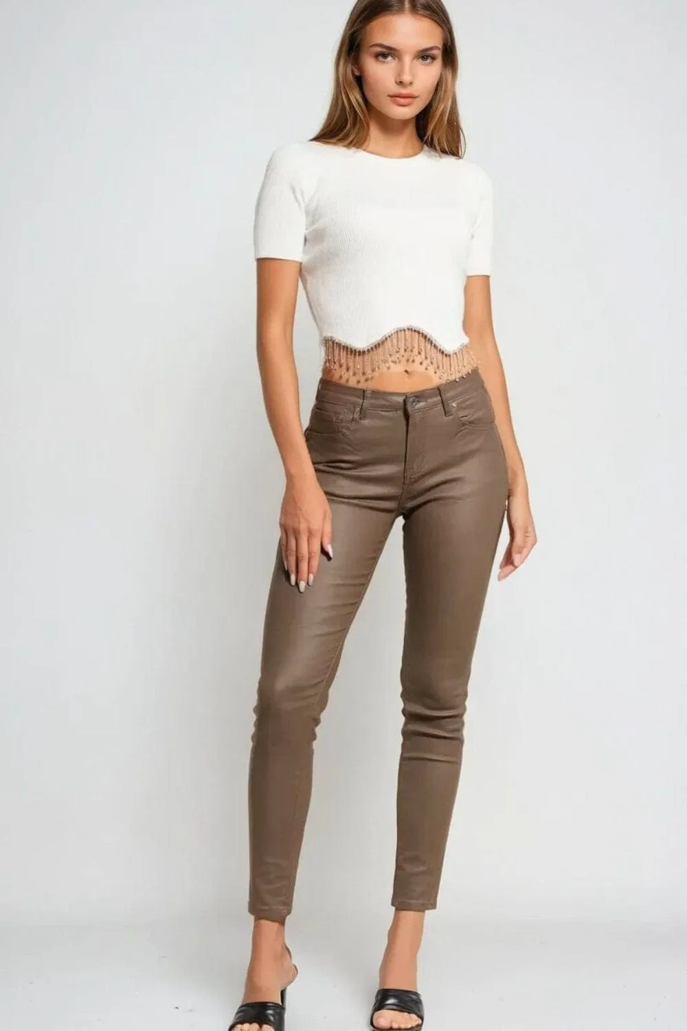 Beige Faux Leather Super Skinny Pants