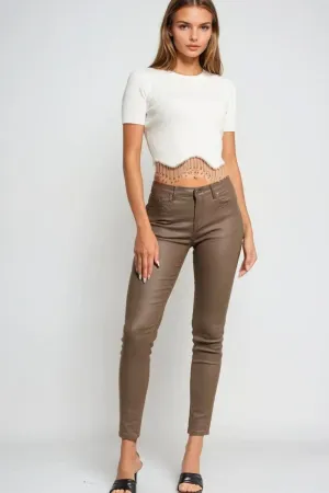 Beige Faux Leather Super Skinny Pants