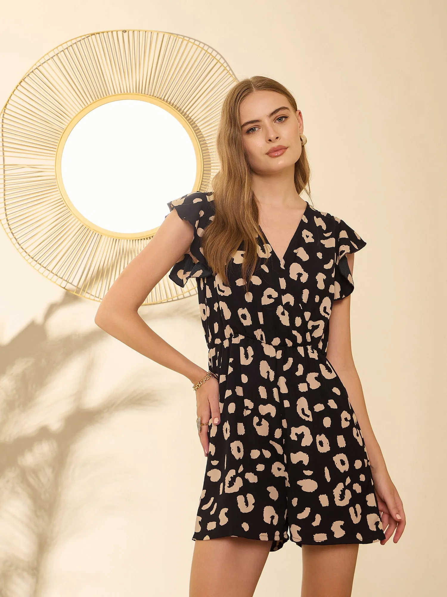 Berrylush Women Black Animal Print V-Neck Romper Jumpsuit