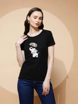 Black Cotton Blend Regular Fit Top For Women