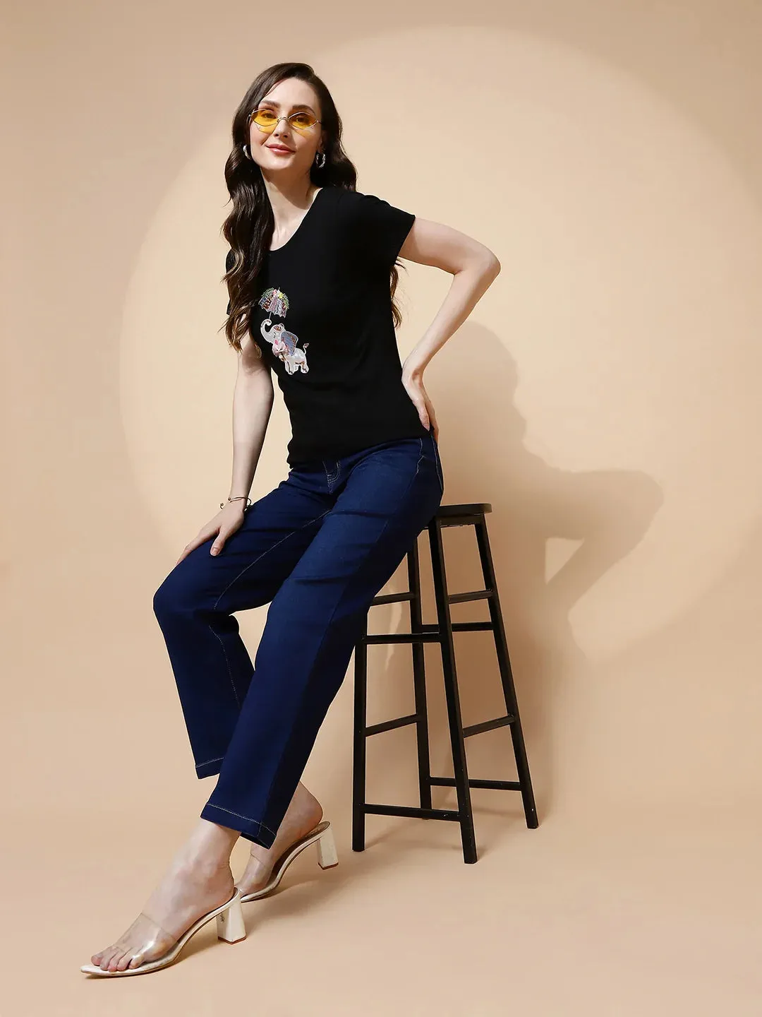 Black Cotton Blend Regular Fit Top For Women