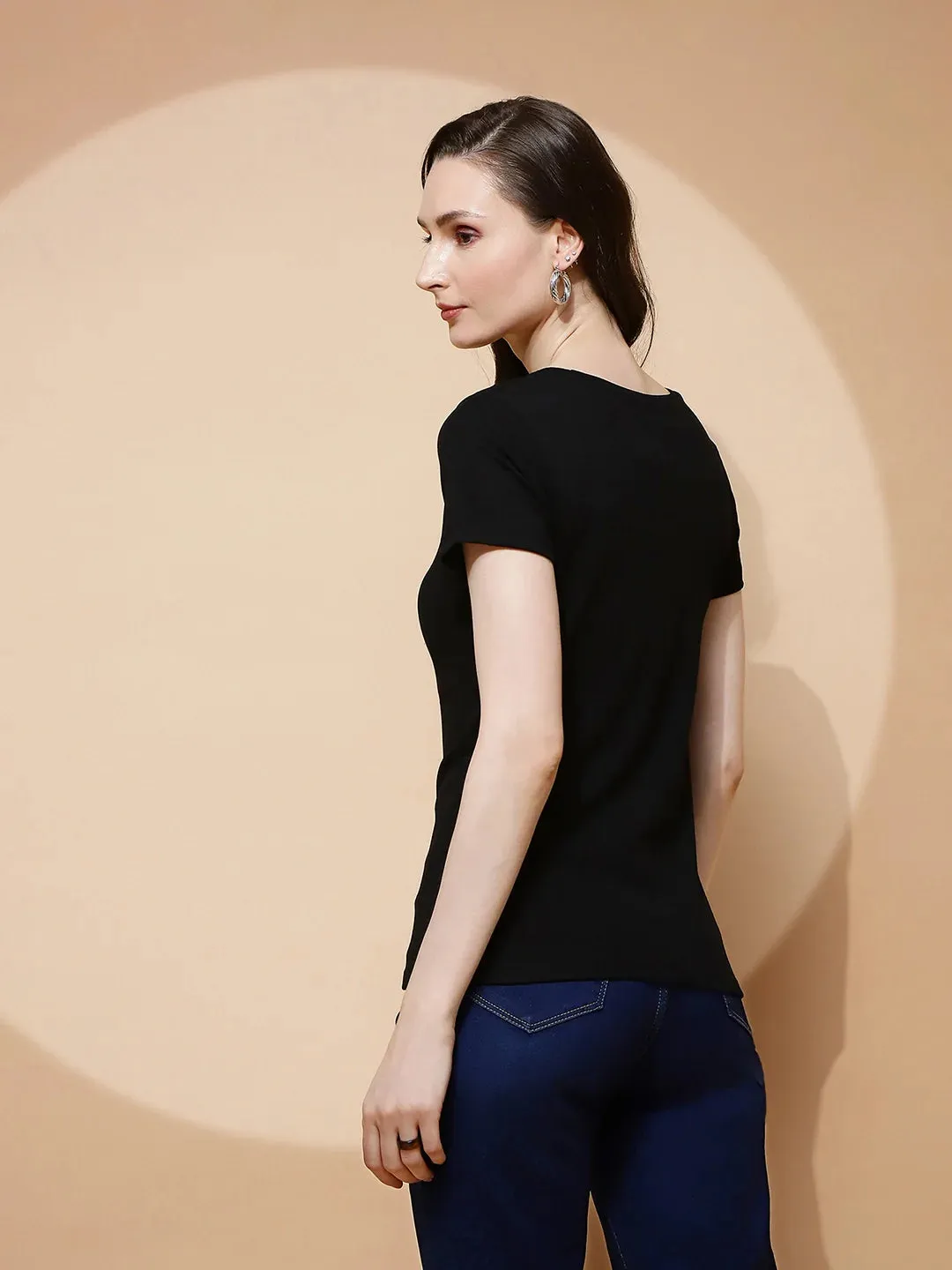 Black Cotton Blend Regular Fit Top For Women