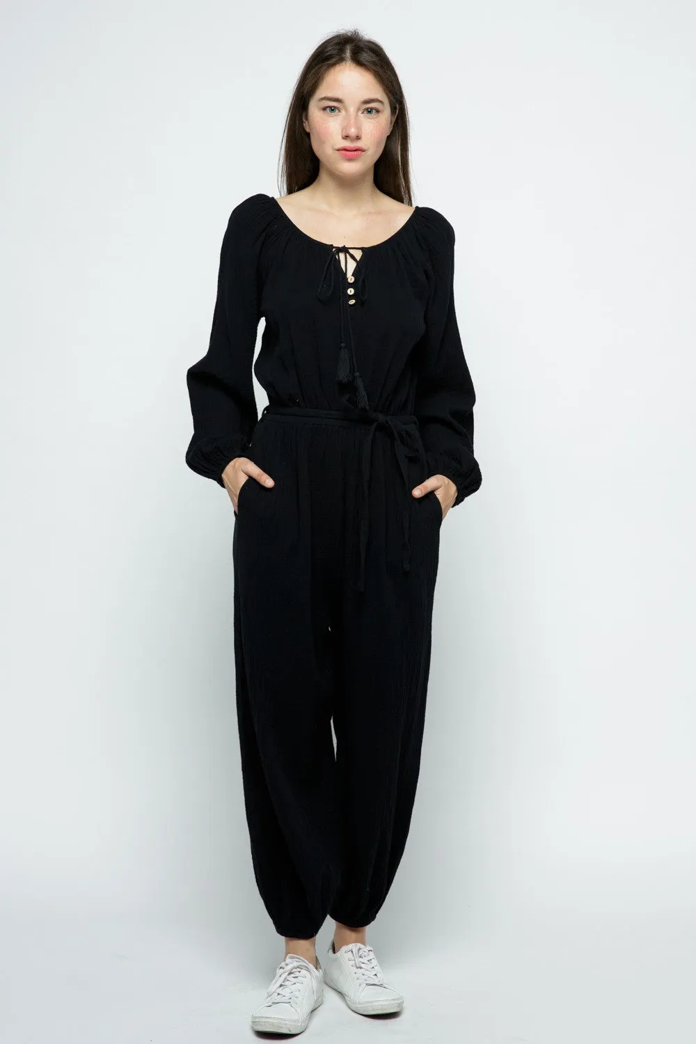 BLACK LONG SLEEVES W/ TASSELS JUMPSUIT MRMP8641
