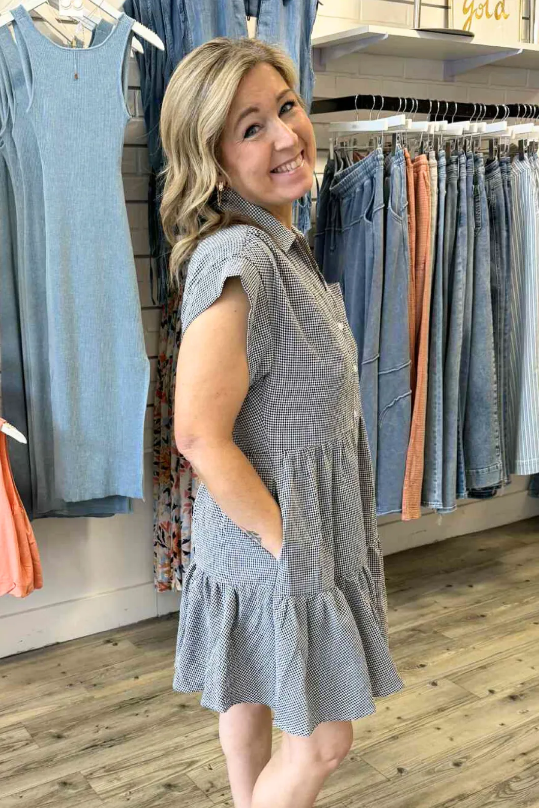 Black Seersucker Cap Sleeve Dress