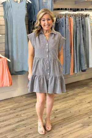 Black Seersucker Cap Sleeve Dress