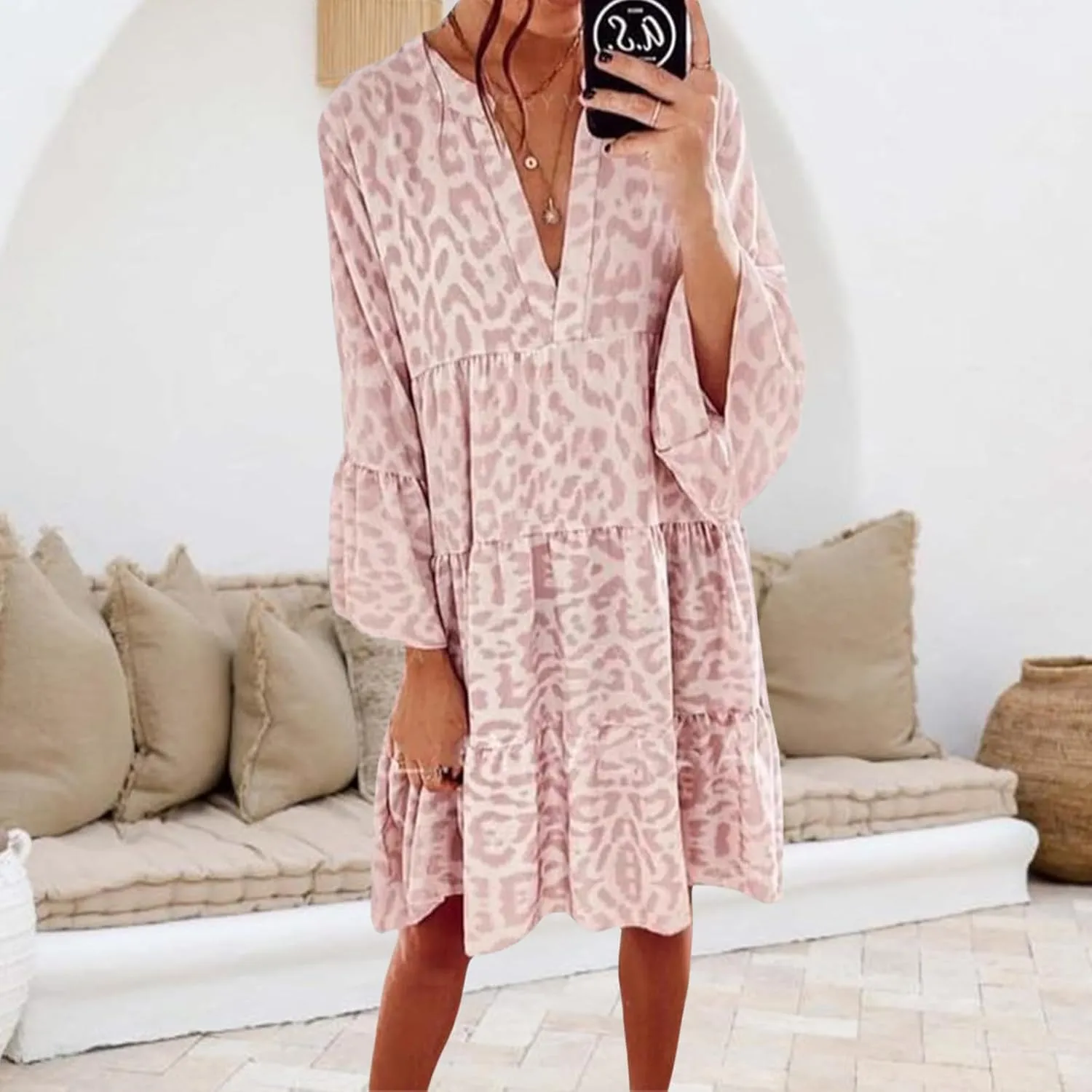 Boho Dresses for Women 2025 Long Sleeve V Neck Dress Casual Spring Summer Midi Dress Flowy Beach Vacation Dresses