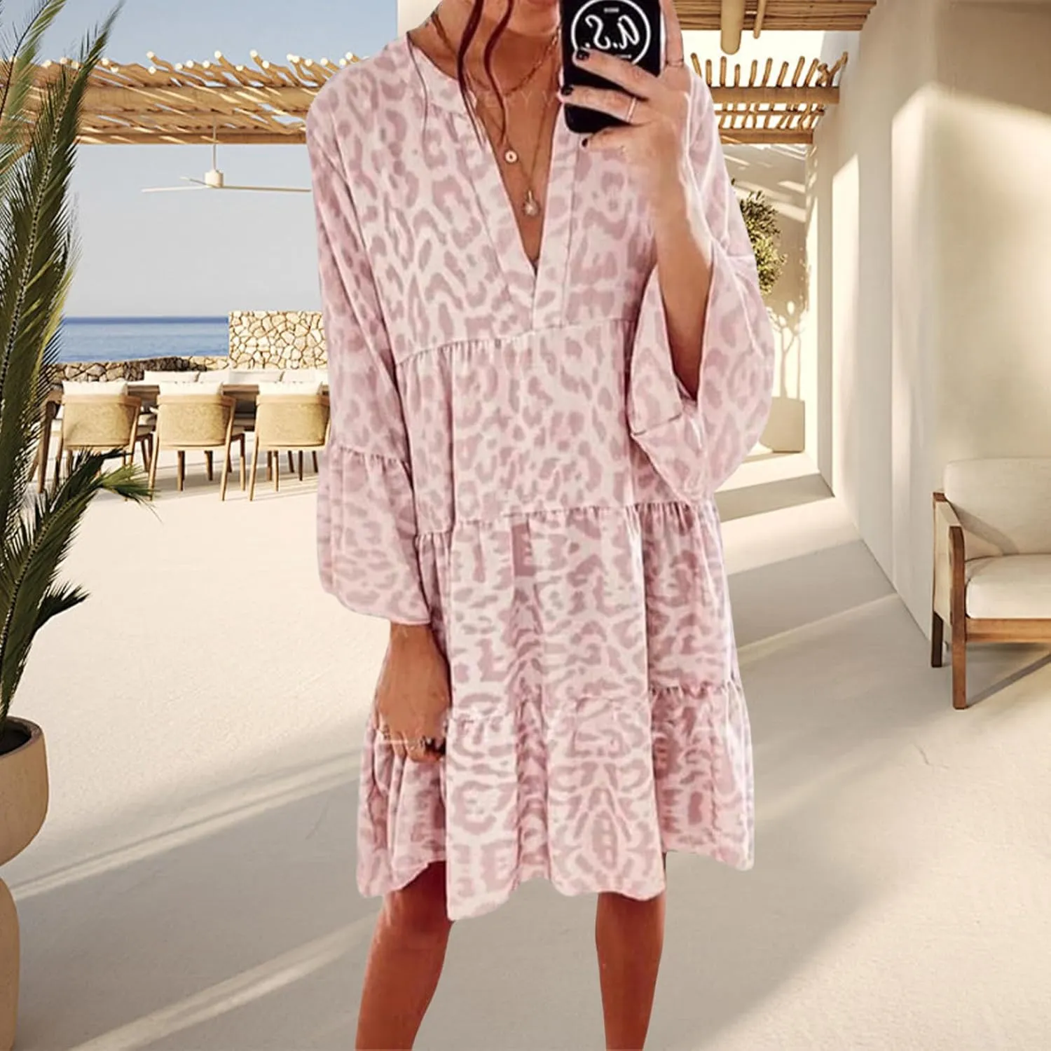 Boho Dresses for Women 2025 Long Sleeve V Neck Dress Casual Spring Summer Midi Dress Flowy Beach Vacation Dresses