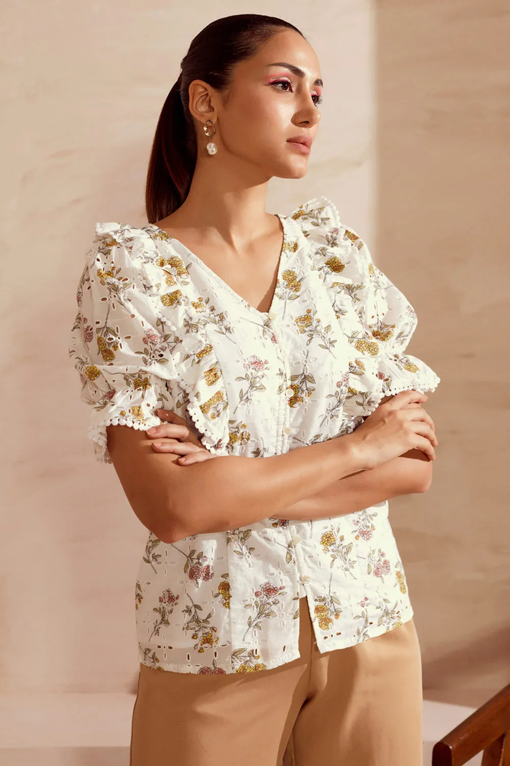 Broderie Ruffles And Printed Blouse