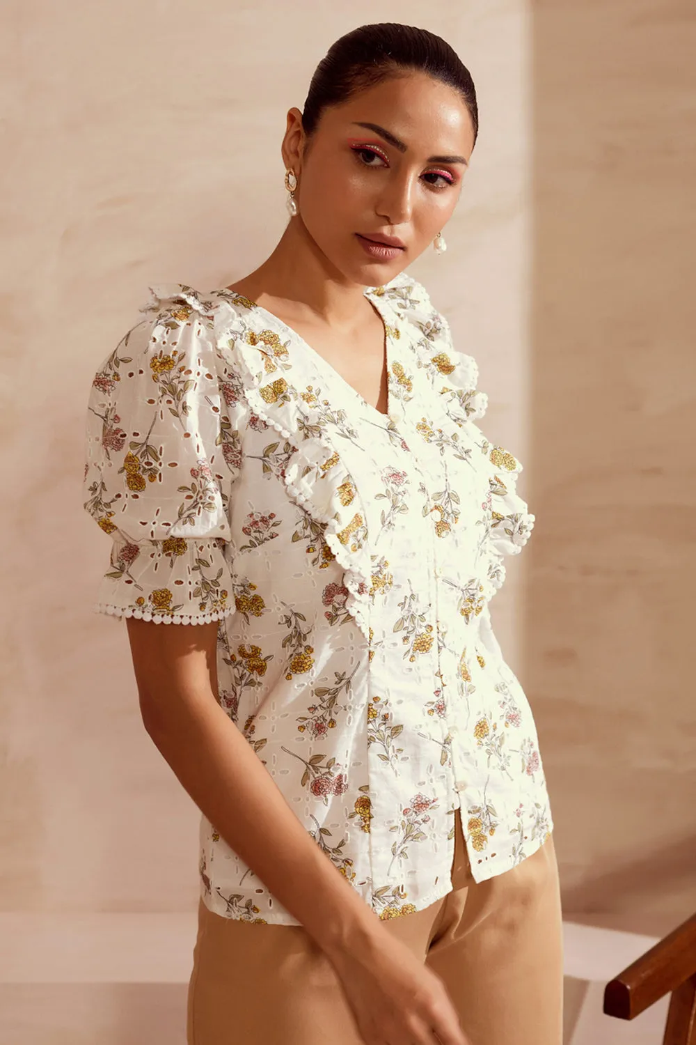 Broderie Ruffles And Printed Blouse