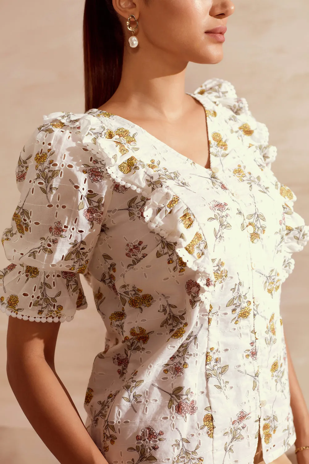 Broderie Ruffles And Printed Blouse