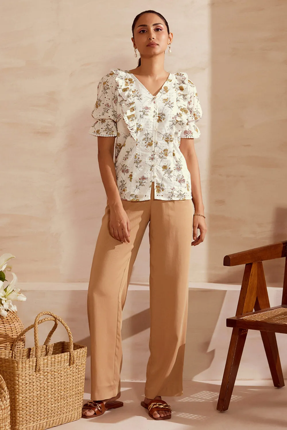 Broderie Ruffles And Printed Blouse