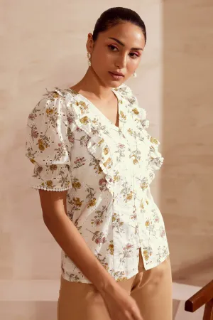 Broderie Ruffles And Printed Blouse