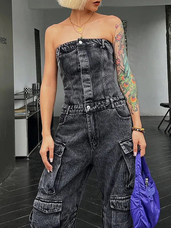 Buttoned Pockets Wide Leg High Waisted Sleeveless Tube Jumpsuits