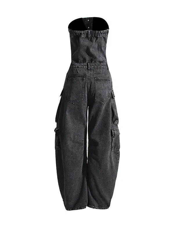 Buttoned Pockets Wide Leg High Waisted Sleeveless Tube Jumpsuits