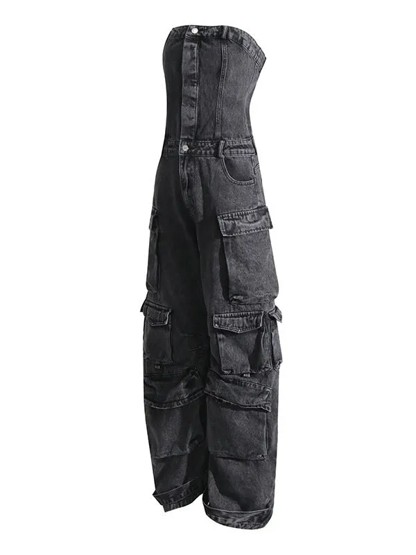 Buttoned Pockets Wide Leg High Waisted Sleeveless Tube Jumpsuits