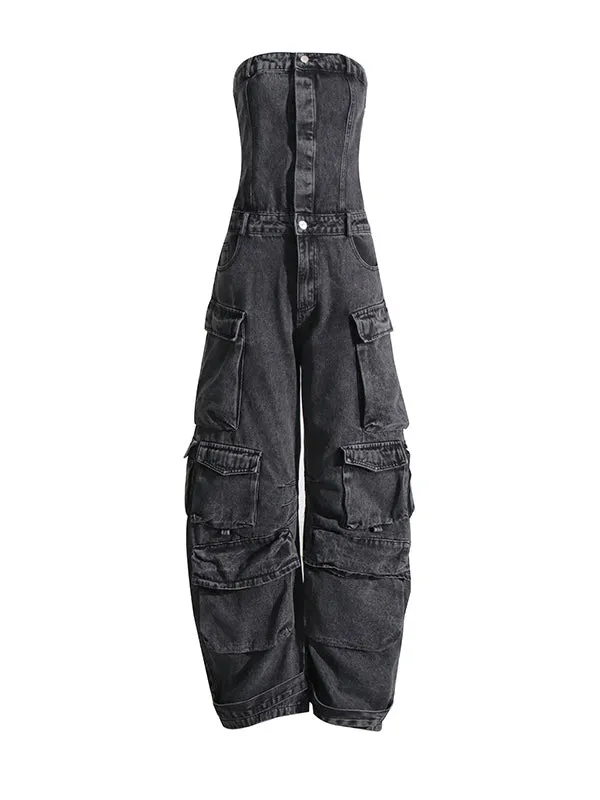 Buttoned Pockets Wide Leg High Waisted Sleeveless Tube Jumpsuits