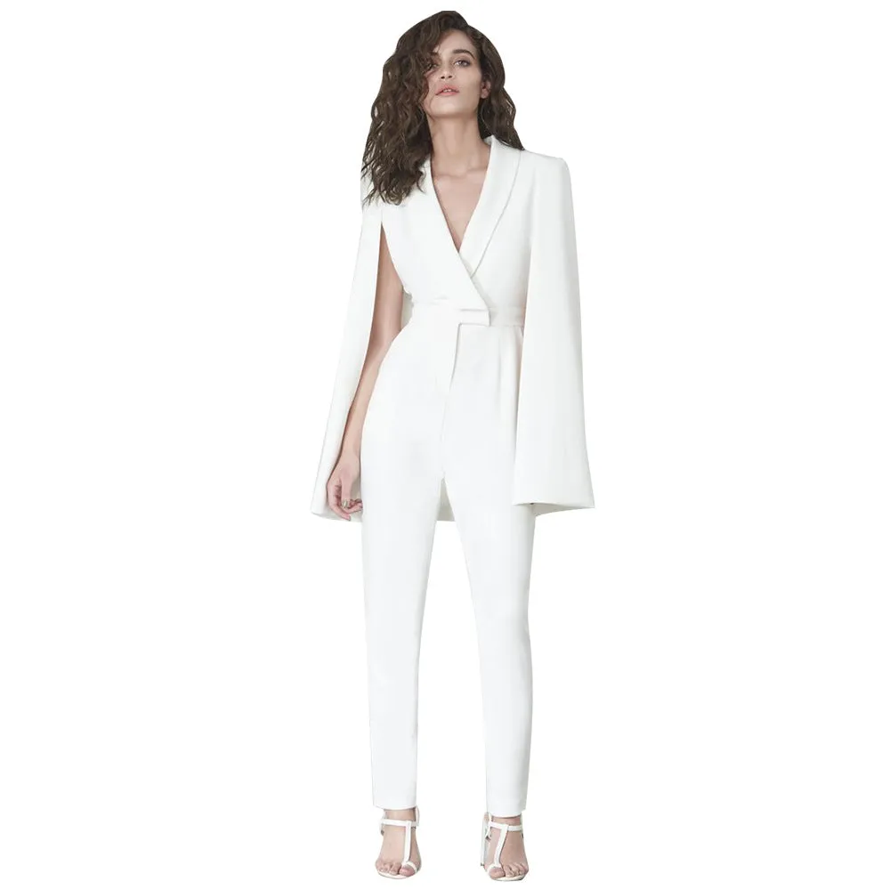 Cape V-neck High Waist Long Skinny White Jumpsuits