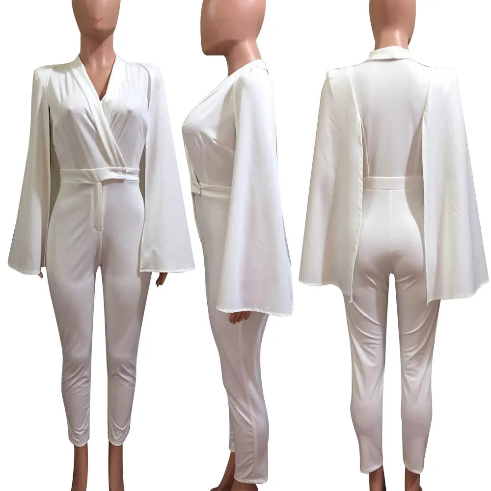 Cape V-neck High Waist Long Skinny White Jumpsuits