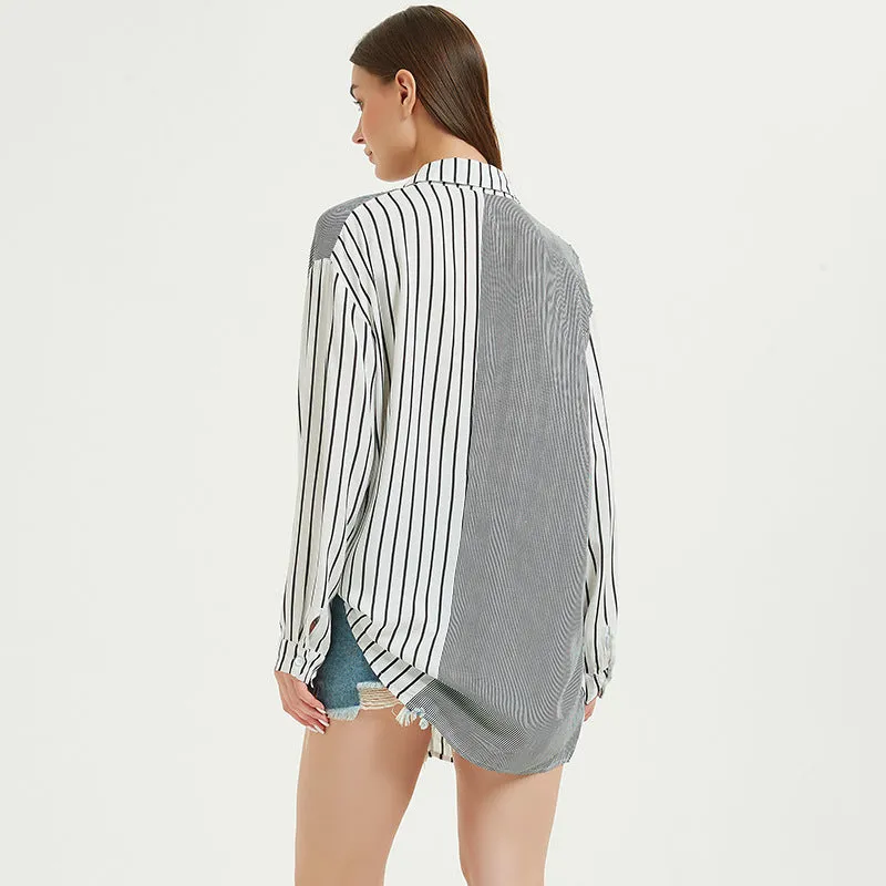 Casual Colorblock Striped Seaside Vacation Cover-Up Beach Shirt Wholesale Women Top