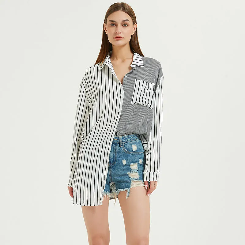 Casual Colorblock Striped Seaside Vacation Cover-Up Beach Shirt Wholesale Women Top