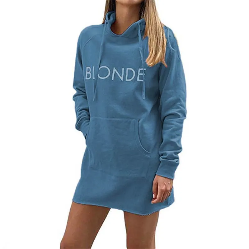 Casual Long Sleeve Letter Print Pocket Hooded Dress