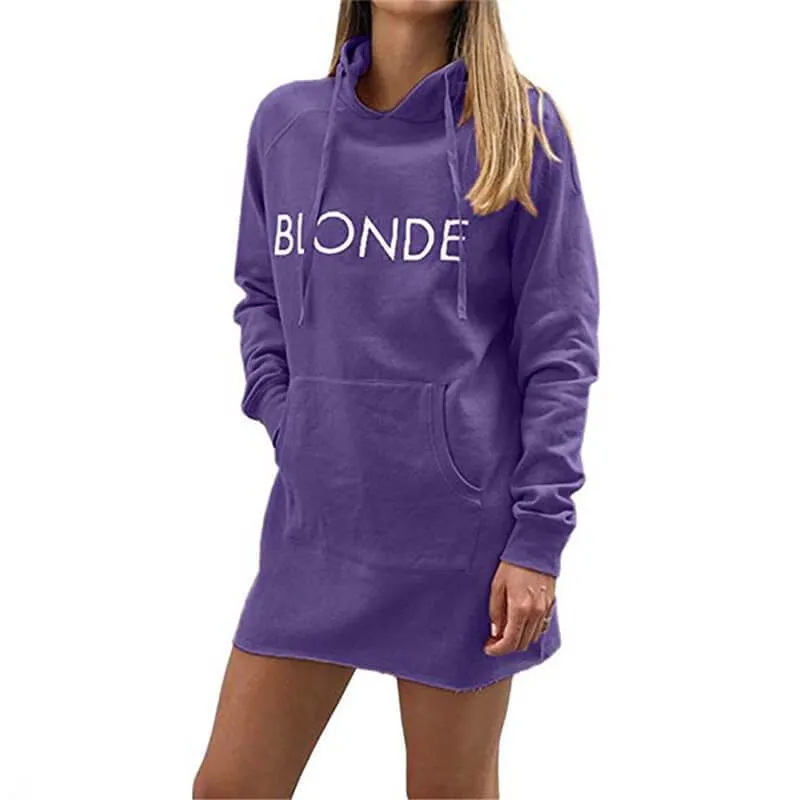 Casual Long Sleeve Letter Print Pocket Hooded Dress