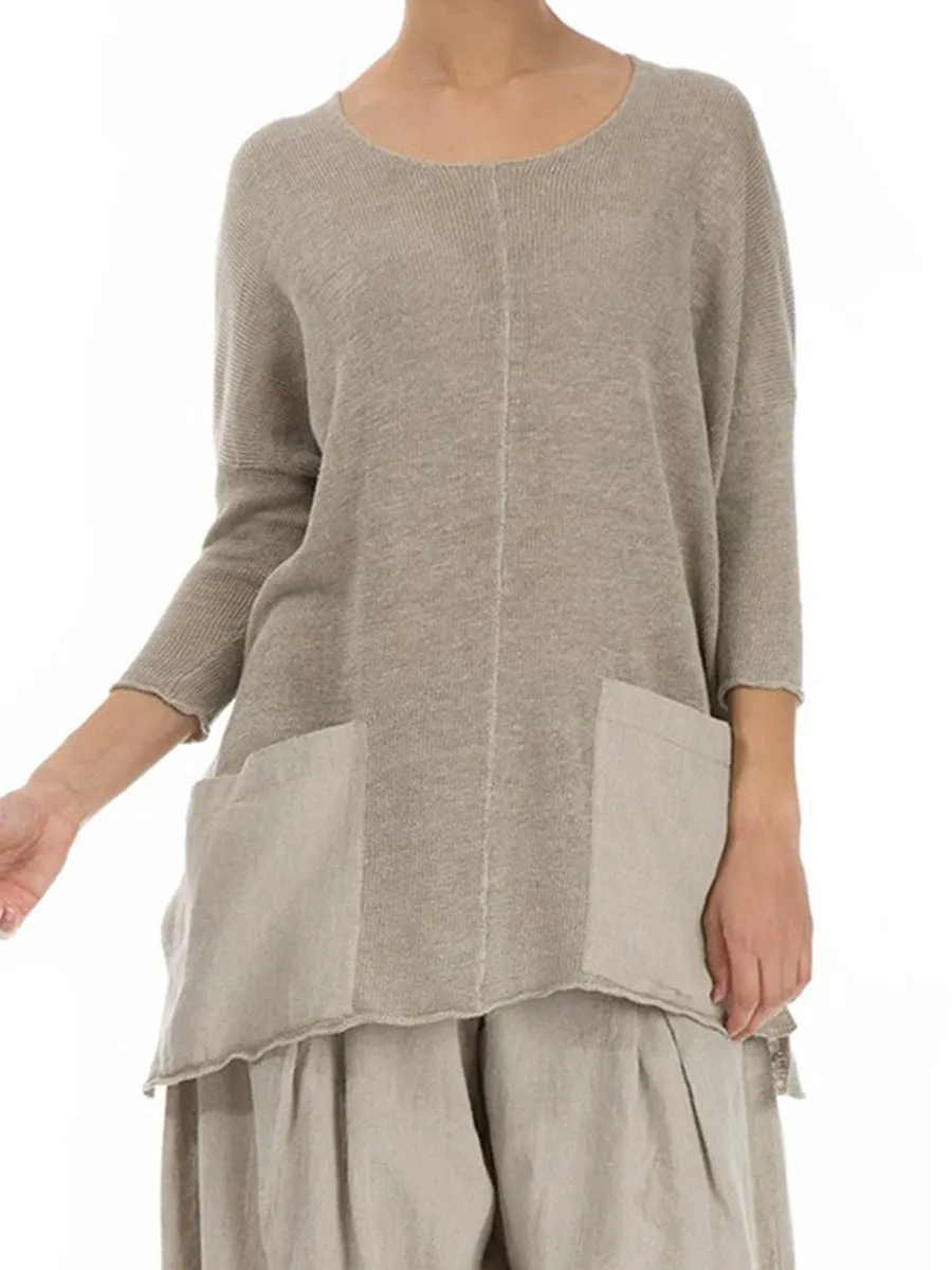 Casual Loose Solid Color Long Sleeve Round Neck Pocket Top