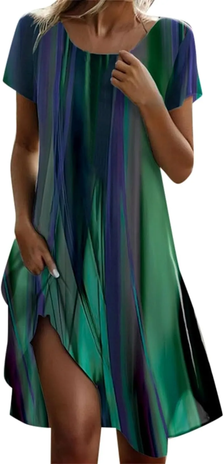Casual Tie Dye T Shirt Dresses for Women Short Sleeve Round Neck Flowy Midi Dress Plus Size Swing Dresses with Pockets