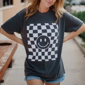 Checkered Pattern Happy Face T-Shirt