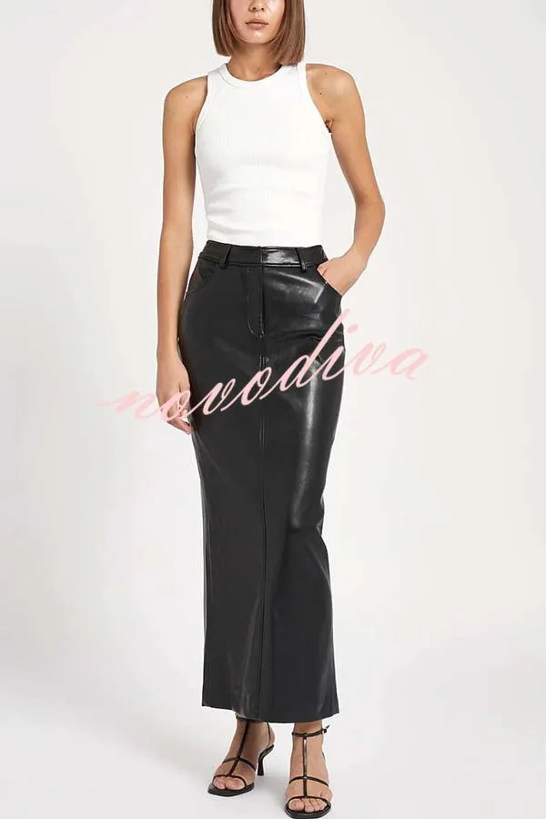 Classic Feel Faux Leather Mid Rise Pocket Slit Stretch Maix Skirt