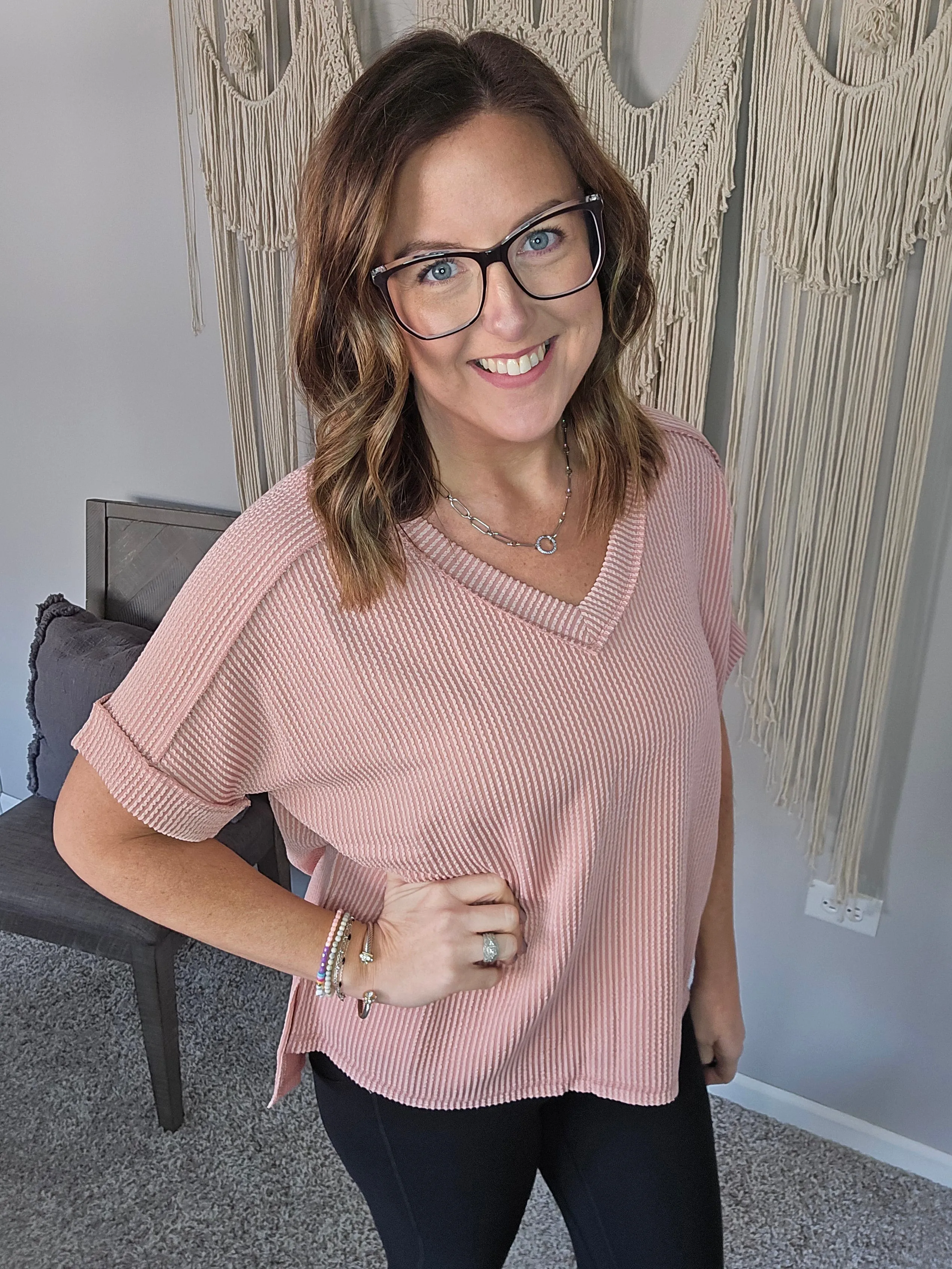Cornelia Corded Rib Short Sleeve Tee - Light Rose