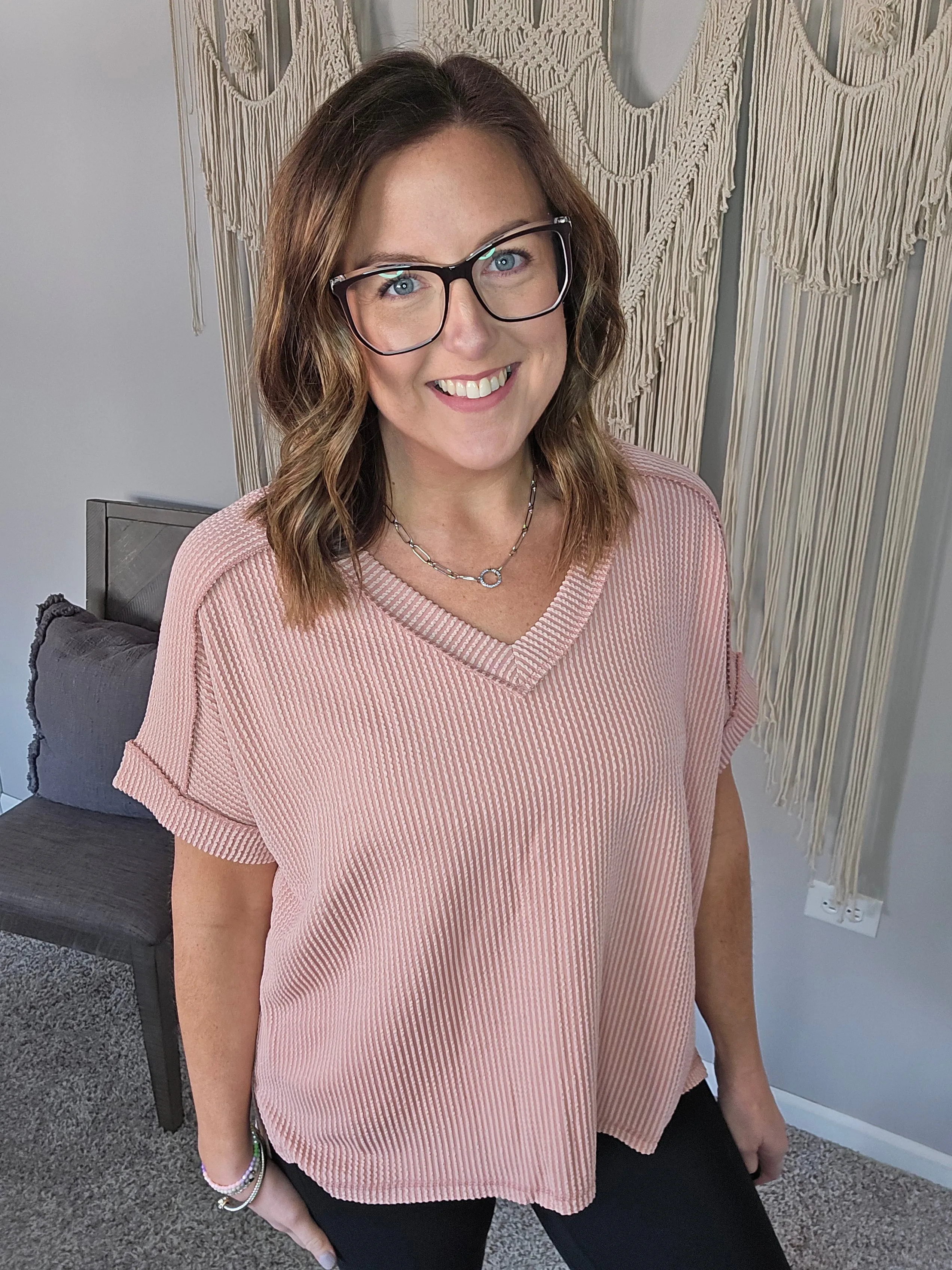 Cornelia Corded Rib Short Sleeve Tee - Light Rose
